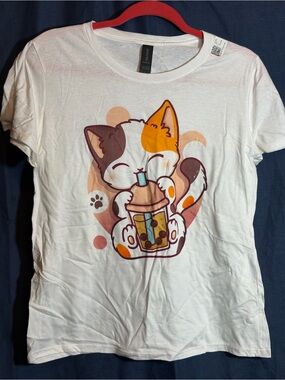 NWOT White Cat Graphic Tee with Orange and Brown Accents